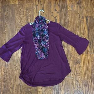 Purple Bell Sleeve Top with Floral Scarf